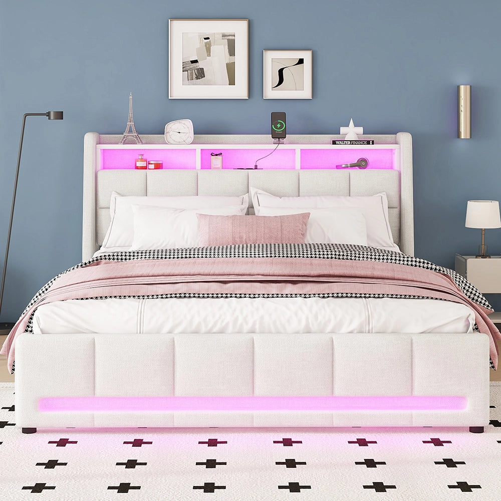 Letto con cassetti - Xylo - 140x200 cm - Lino Beige - Luci ambientali telecomando USB