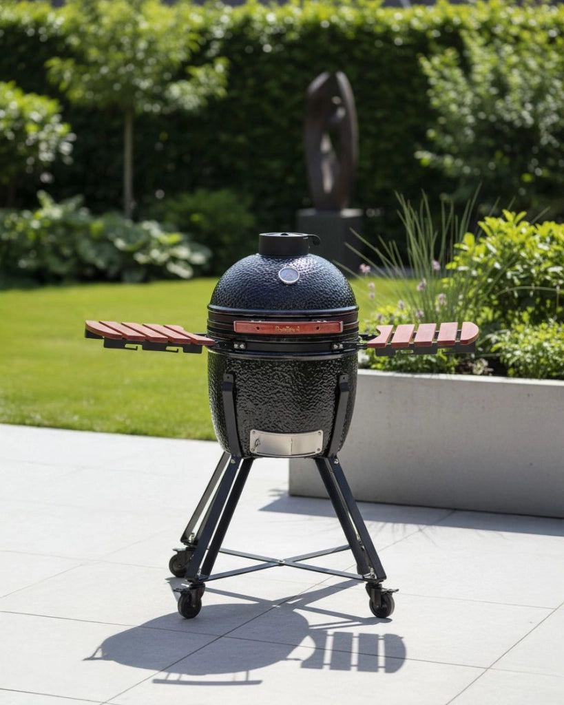 Barbecue da esterno in ceramica a carbone con coperchio termometro e griglia di cottura colore nero