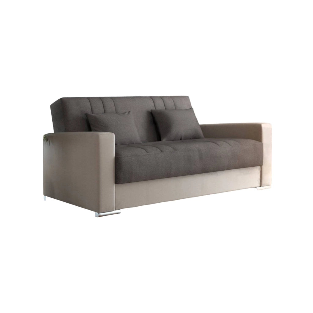 Divano letto Arix, Divano letto contenitore a 3 posti in ecopelle e tessuto, Sofà\  da soggiorno con apertura click-clack e 2 cuscini inclusi, 230 x96h101 cm, Beige e Grigio
