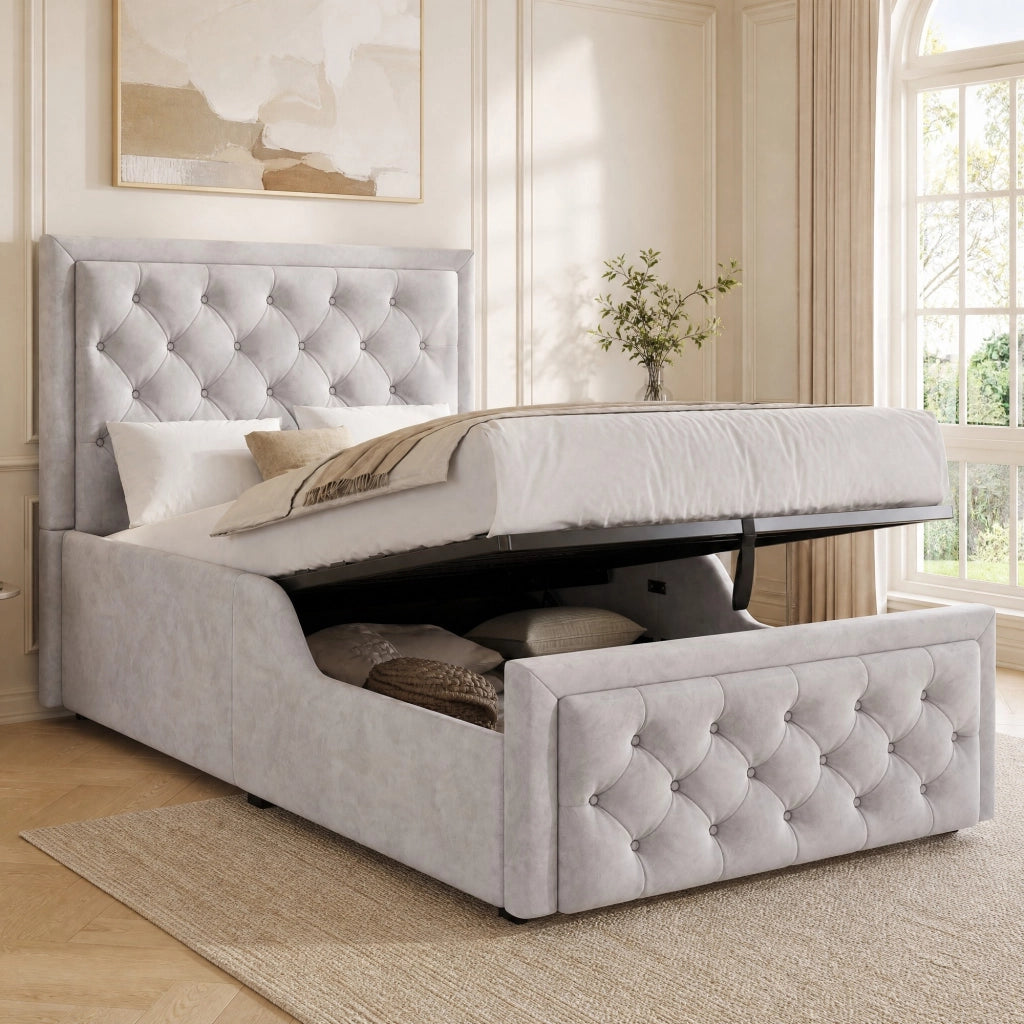 LETTO imbottito 90x200 cm con contenitore idraulico, velluto grigio