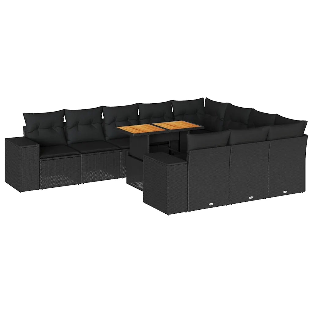 Set Divani Giardino 10pz con Cuscini Nero in Polyrattan Acacia 3327422