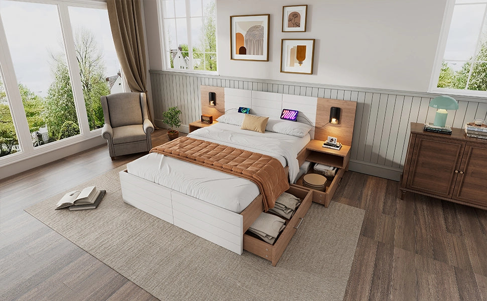 Letto matrimoniale in legno, bianco e rovere chiaro, 140×200 cm, con 2 cassetti, luce da lettura USB, 2 comodini, rete a doghe e materasso incluso