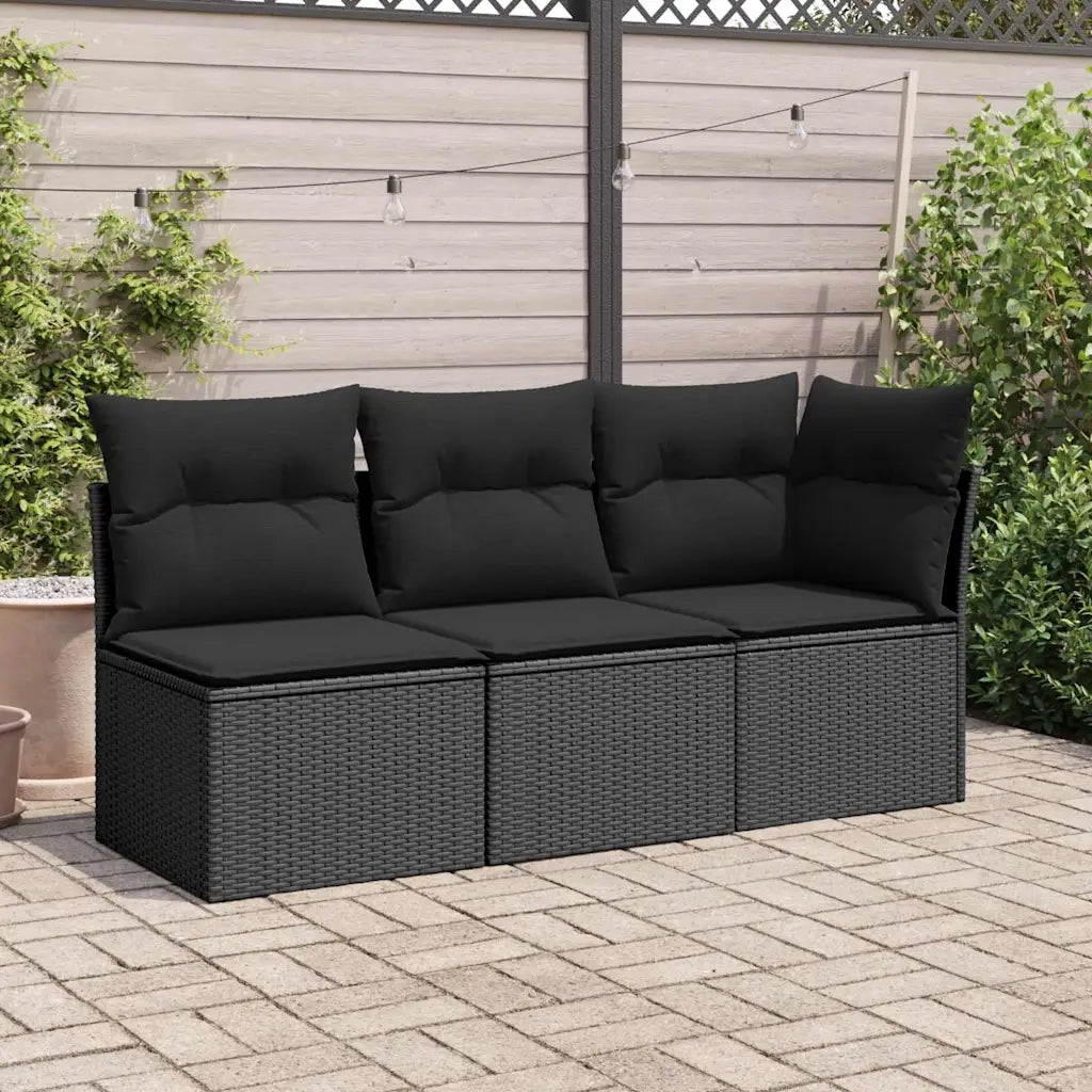 Divano da giardino senza braccioli con cuscini nero in polyrattan 365961