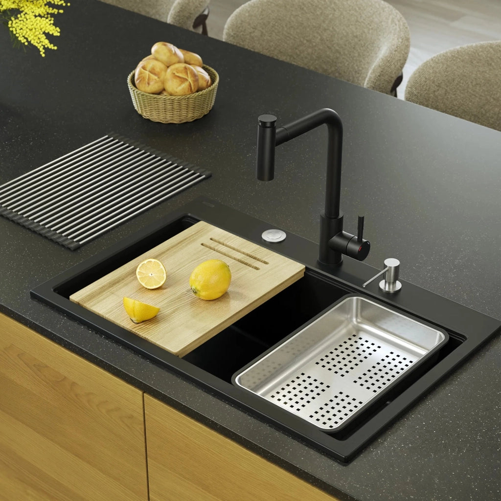 Lavello In Granito Marc 110 Workstation Black Tappo acciaio