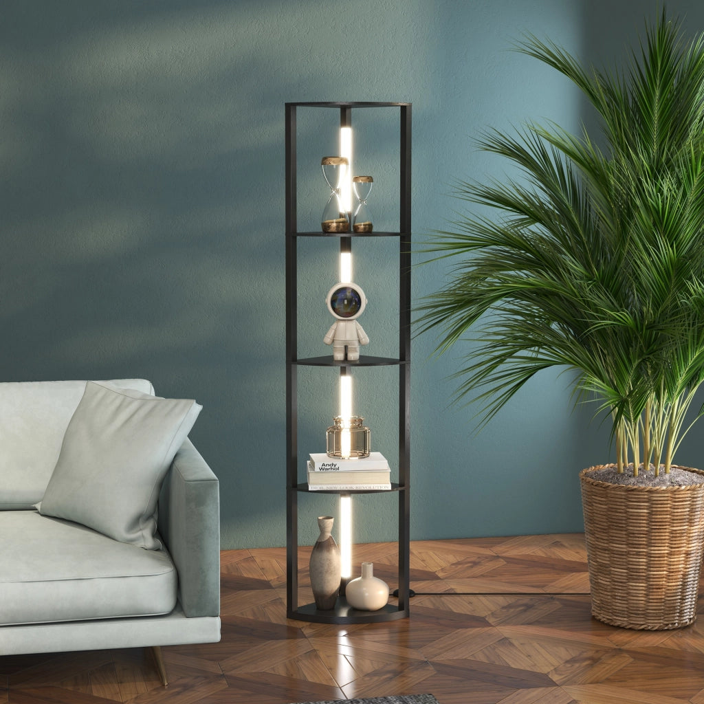 Lampada da Terra a Colonna in MDF con 4 Ripiani e Illuminazione a LED da 3000K, 41x29.5x163.5 cm, Nero
