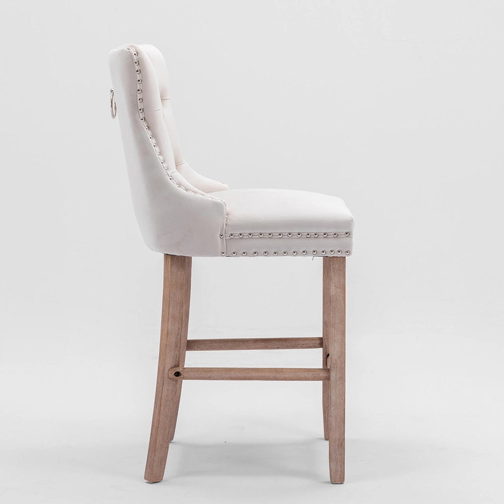 Set 2 sgabelli bar - Xylo - velluto beige gambe legno con borchie