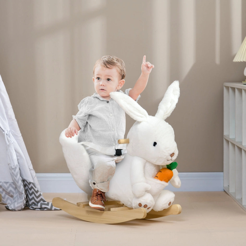 Cavallo a Dondolo per Bambini in Legno e Peluche Coniglio Bianco