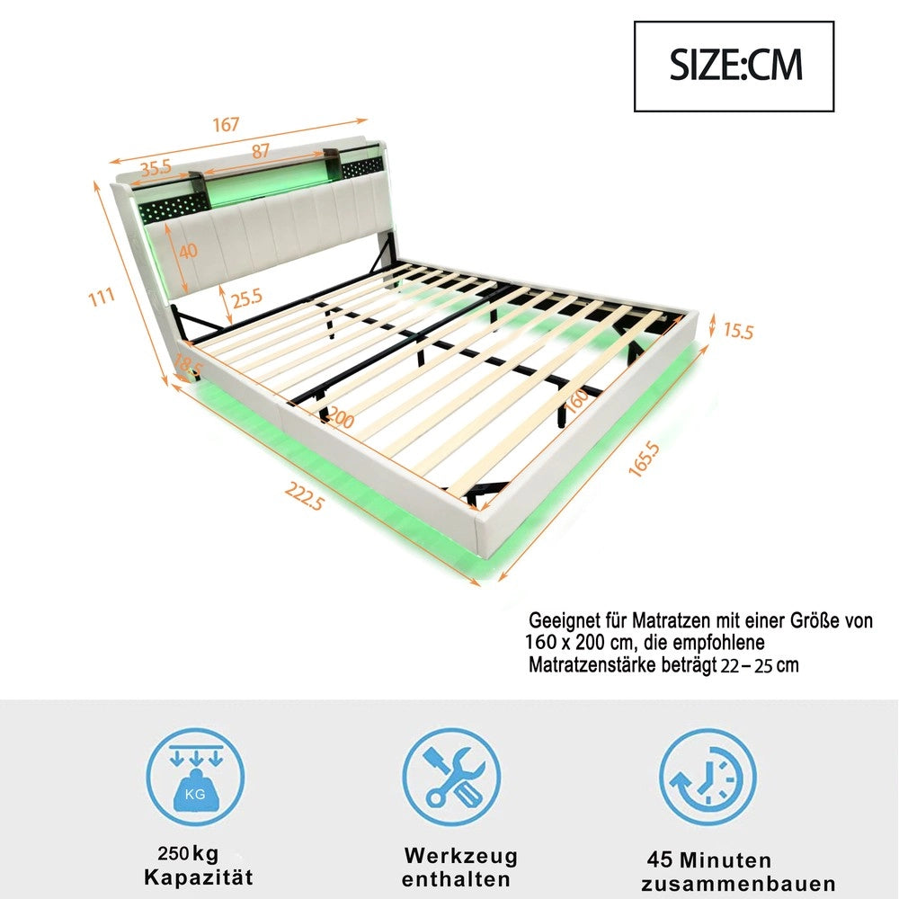 Letto Imbottito Matrimoniale con LED e USB ¨C MINIMAL ¨C Testiera con Contenitore, Tessuto, Beige, 160x200