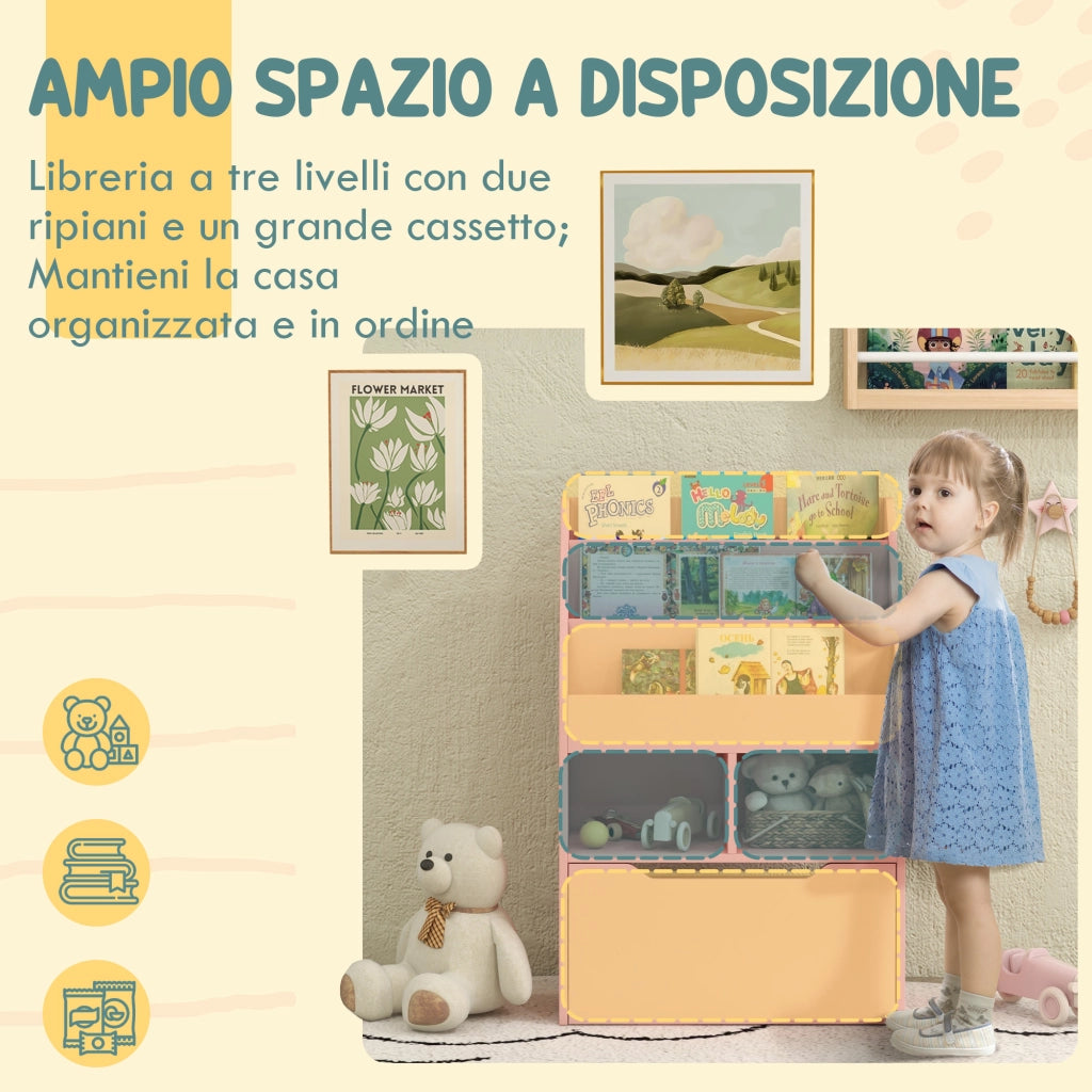 Libreria Bambini con Ripiani e Cassetto ¨C Minimal ¨C Rosa 60x30x90