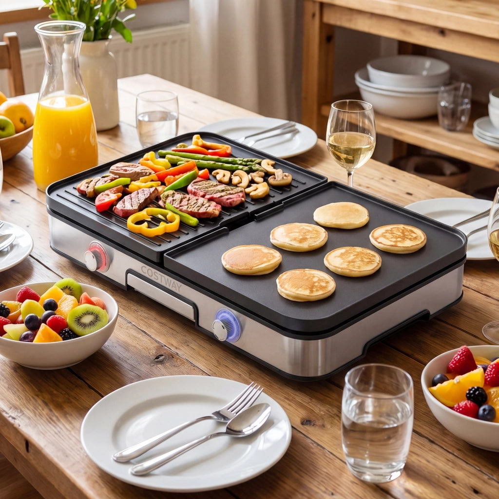 Griglia barbecue elettrica 3 in 1 piastra grill elettrica 2000w con 2 manopole per controllo della temperatura, Griglia da tavolo antiaderente