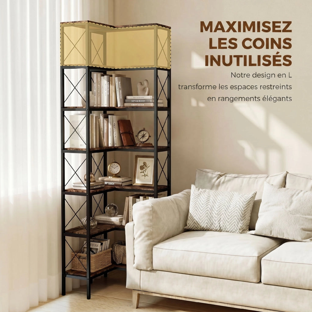 Libreria d'angolo a 6 livelli in metallo ¨C Minimal ¨C 60x60x200 cm marrone rustico