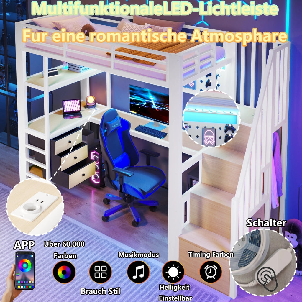 LETTO a Soppalco 90x200 cm in Metallo e MDF Bianco con Scrivania e LED