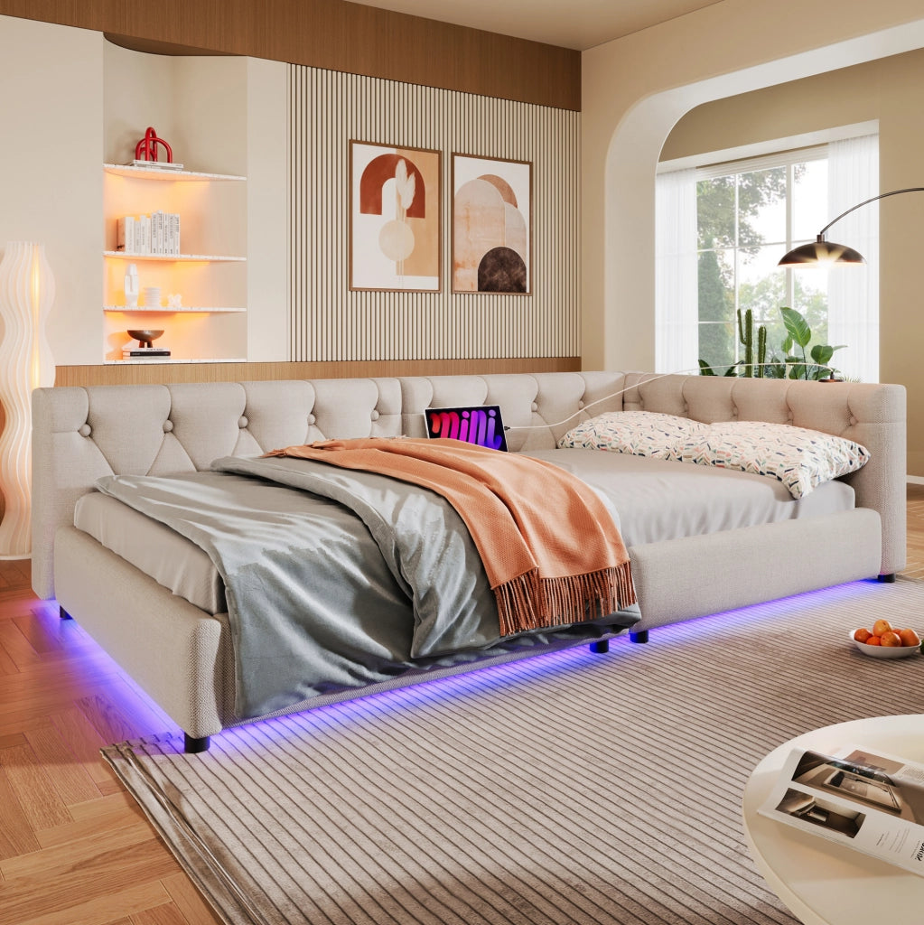 Letto daybed 90x200 cm in lino beige con LED, USB e Type-C