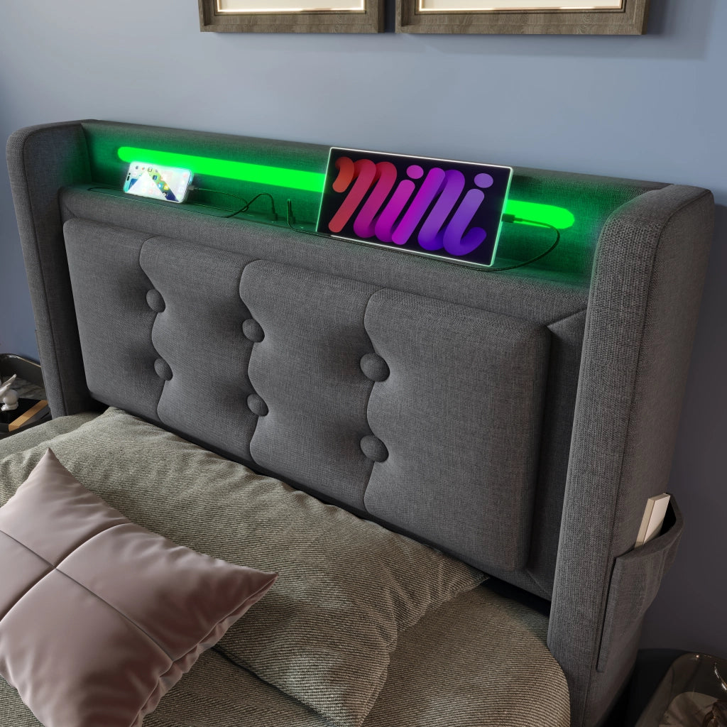 LETTO Imbottito 90x200 cm Grigio con LED e prese USB