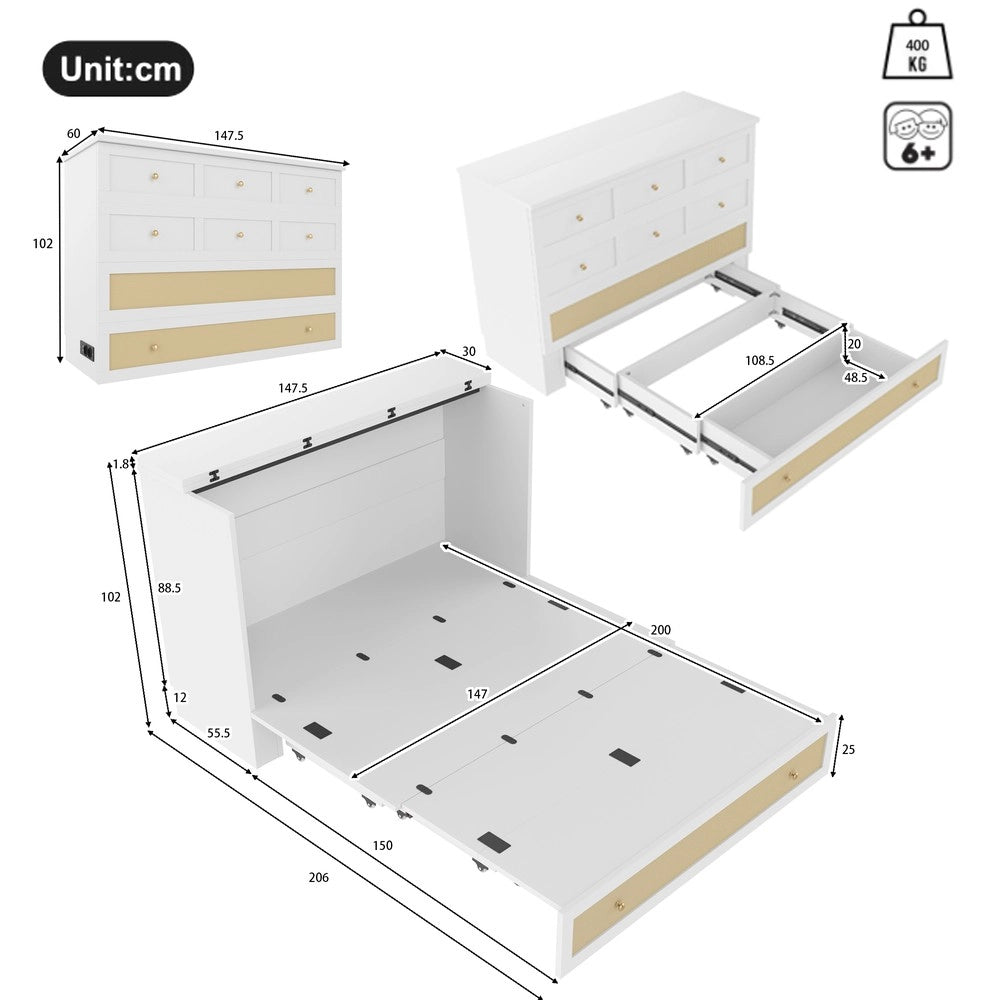 Letto a Scomparsa con Cassetti e Ripiano ¨C MINIMAL ¨C Bianco, 140x200