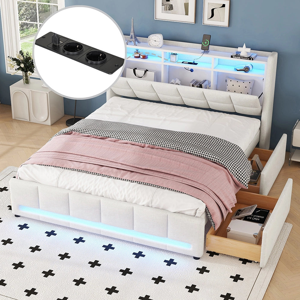 Letto con cassetti - Xylo - 140x200 cm - Lino Beige - Luci ambientali telecomando USB