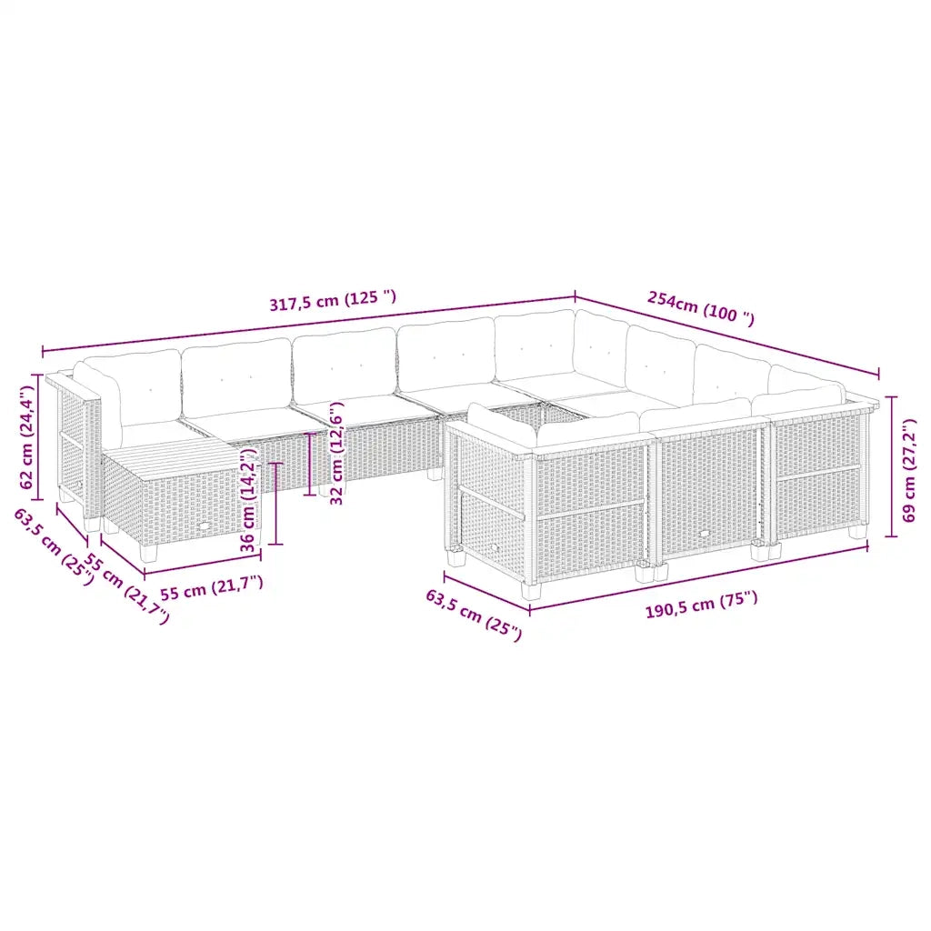 Set Divani da Giardino 11 pz con Cuscini Beige in Polyrattan 3262057