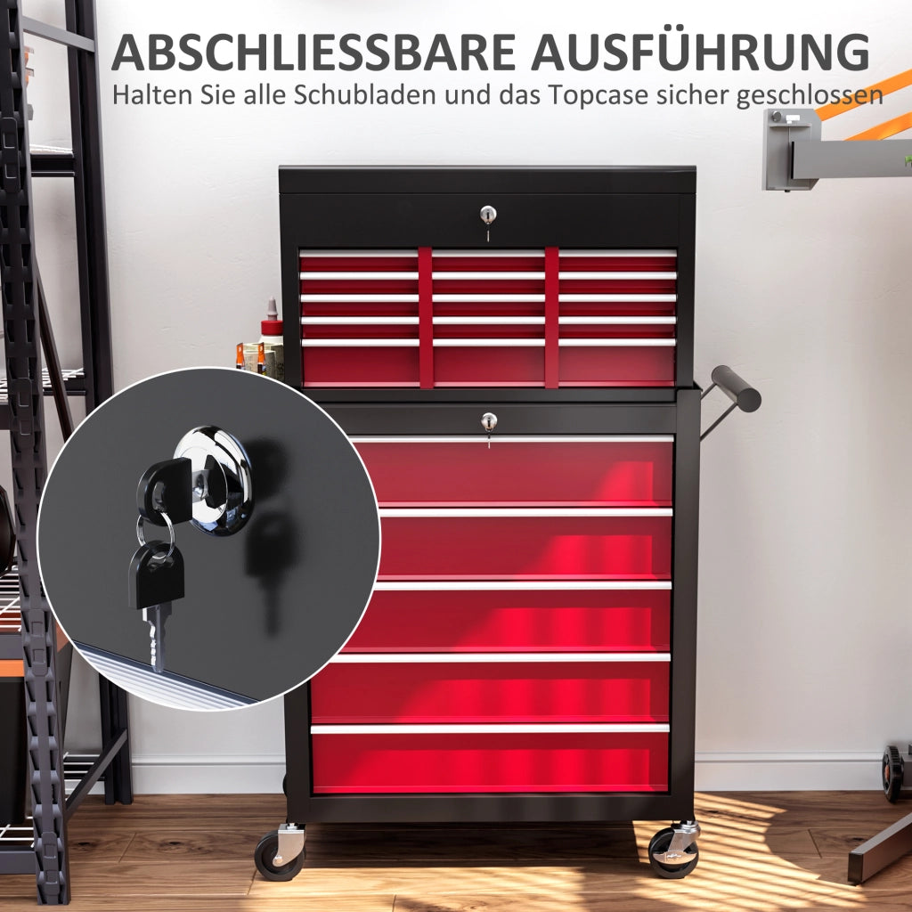 Carrello attrezzi a cassetti con pannello forato ¨C zephmum ¨C 14 cassetti, acciaio, rosso