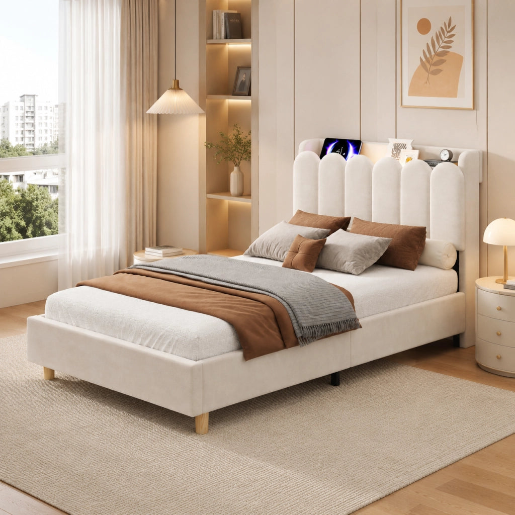 LETTO Singolo 90 x 200 cm in velluto beige con testiera e USB Type-C