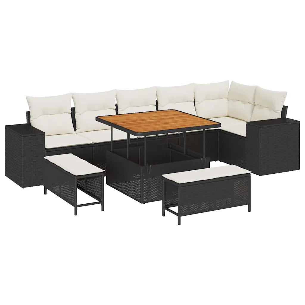 Set Divano da Giardino con cuscino 9 pcs Nero polyrattan