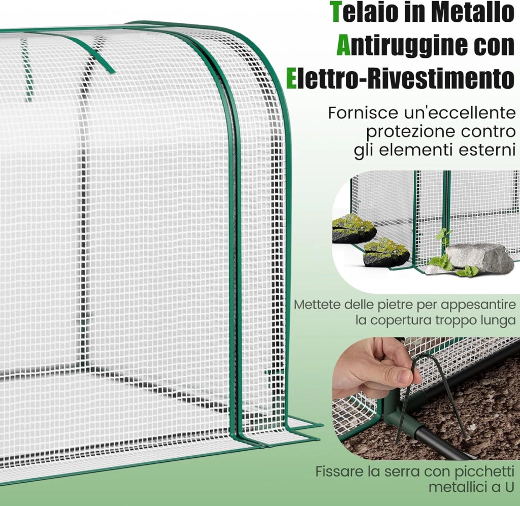 Mini Serra 118 x 55 x 60 cm, Serra con Copertura Impermeabile e Protettiva dal Sole in PE, Struttura Metallica Resistente alla Ruggine e Porta con Cerniera Arrotolabile (Bianco)