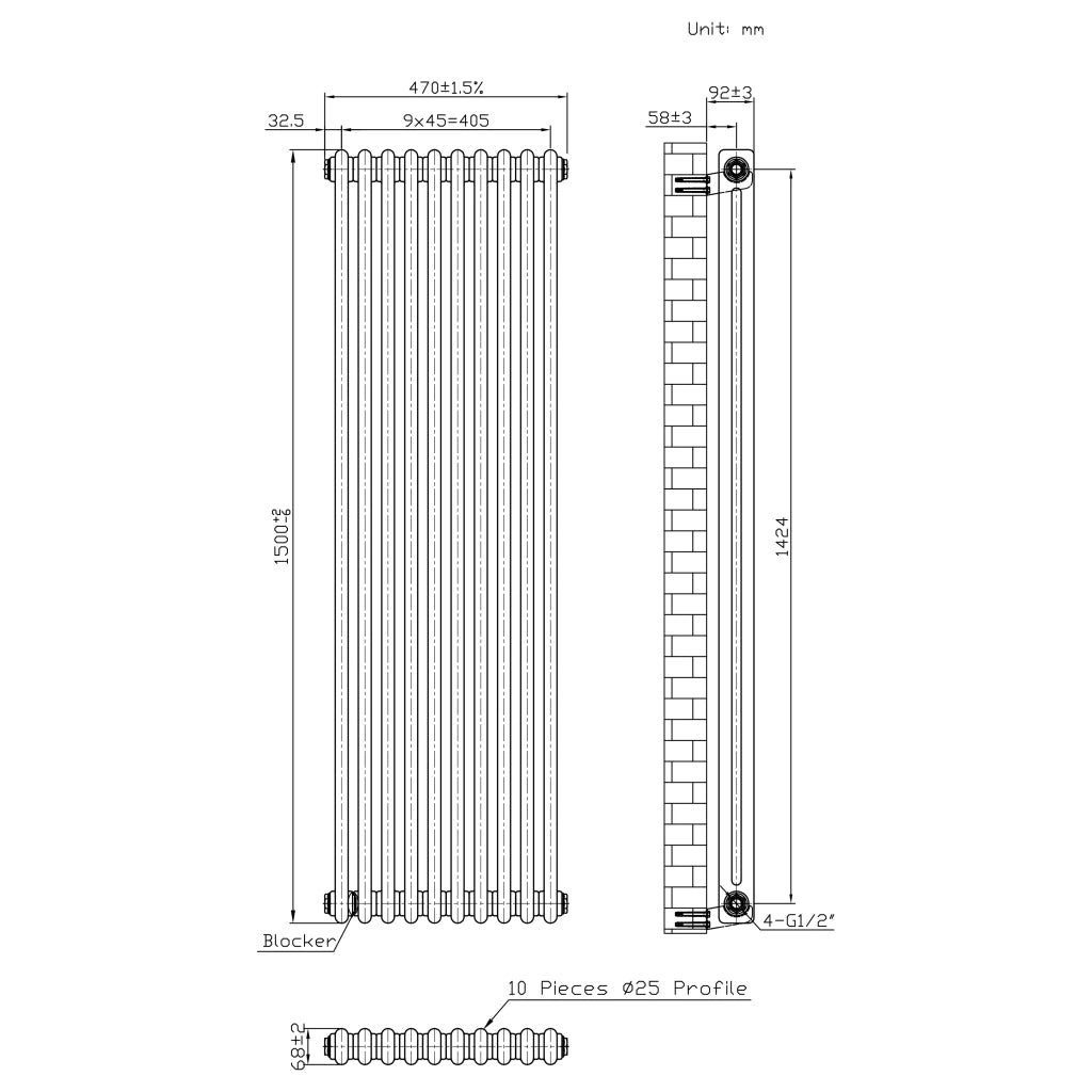 Radiatore 2 Colonne Verticale Metallo Grezzo 1500x470 mm