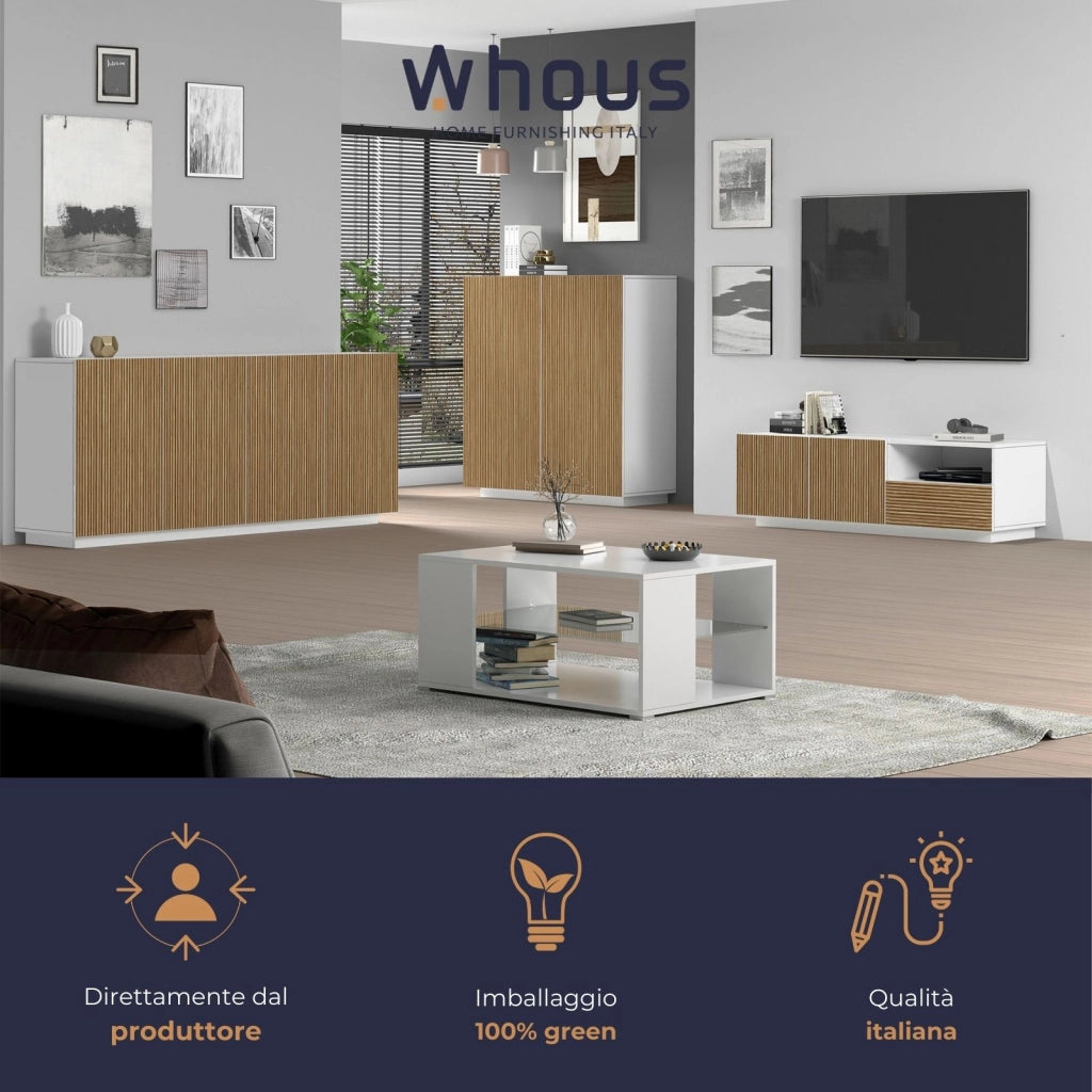 WHOUS Credenza Coste a 2 ante effetto cannetè bianco opaco e legno chiaro 120x43x126 cm