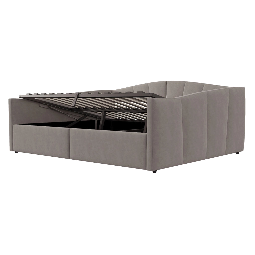 Letto imbottito 140x200 cm con contenitore idraulico e rete a doghe