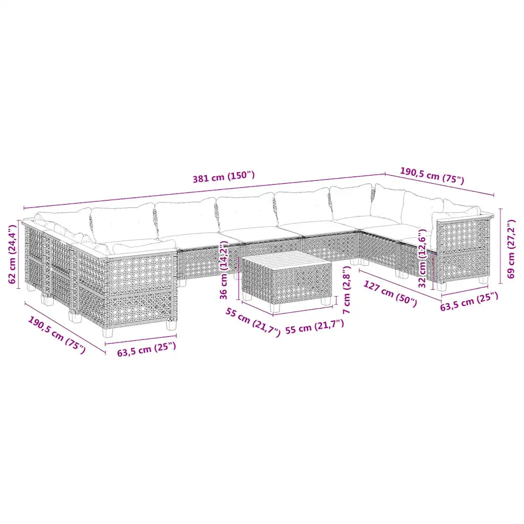Set Divani da Giardino 11 pz con Cuscini Beige in Polyrattan 3262030