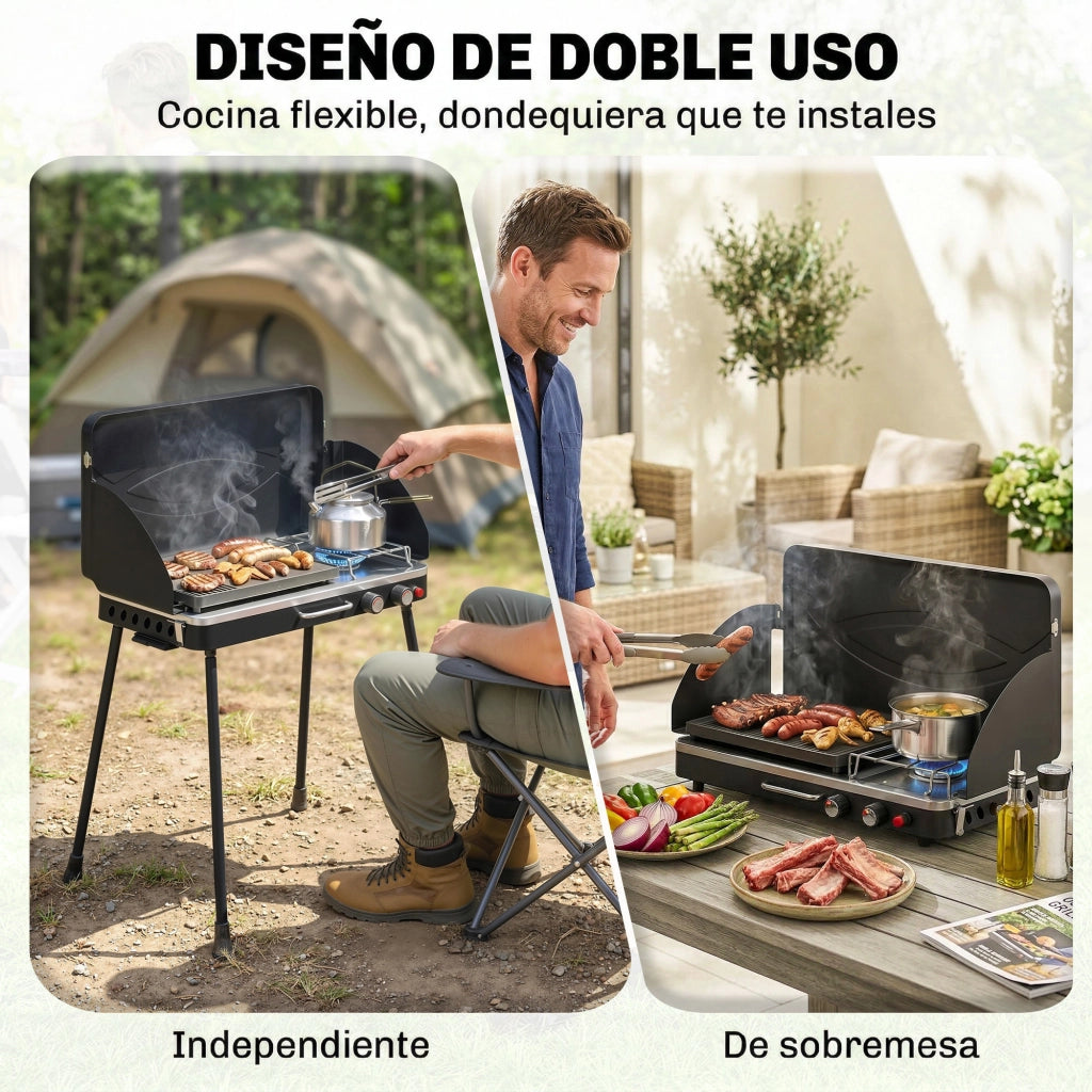 Barbecue a Gas Portatile 2 in 1 ¨C zephmum ¨C 7 kW Grigio Nero con Griglia e Piani