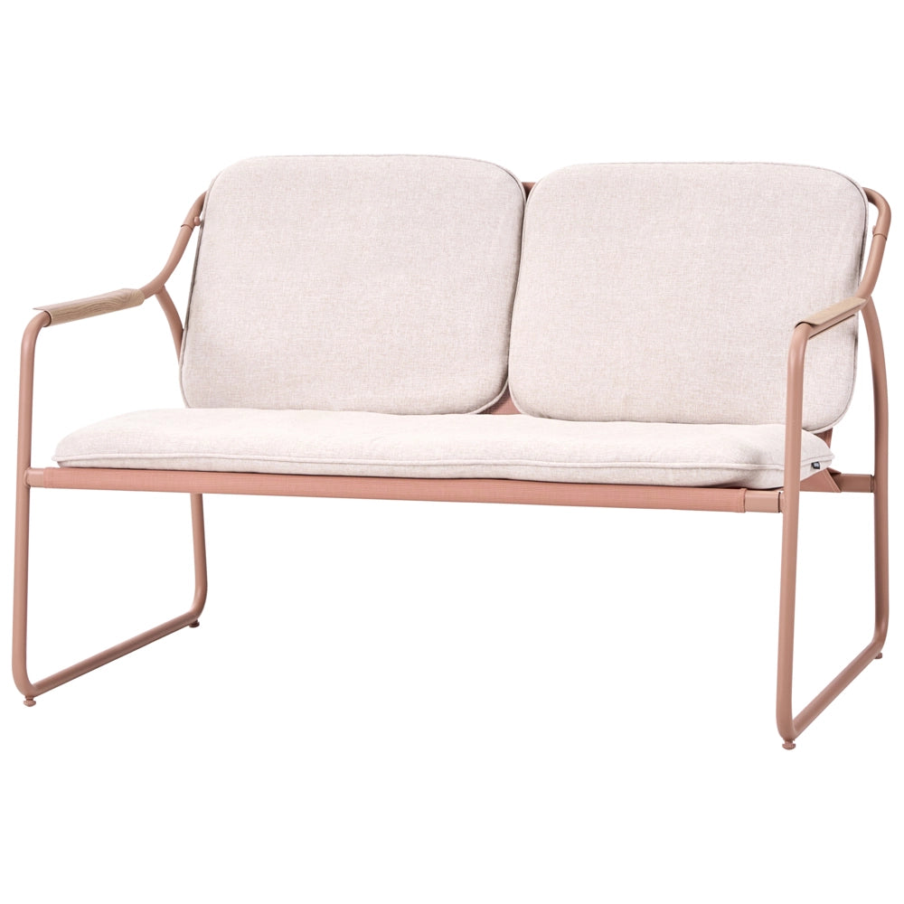 Set da giardino con divano a 4 posti, struttura in acciaio beige, cuscini in olefina e tavolino in vetro temperato: set da per esterni