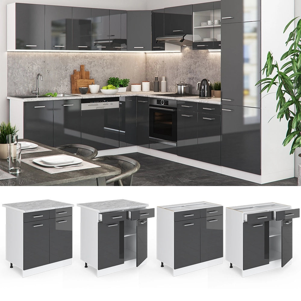Mobiletto base per cucina R-Line Antracite lucido/Bianco 80 cm, PL Marmo Vicco