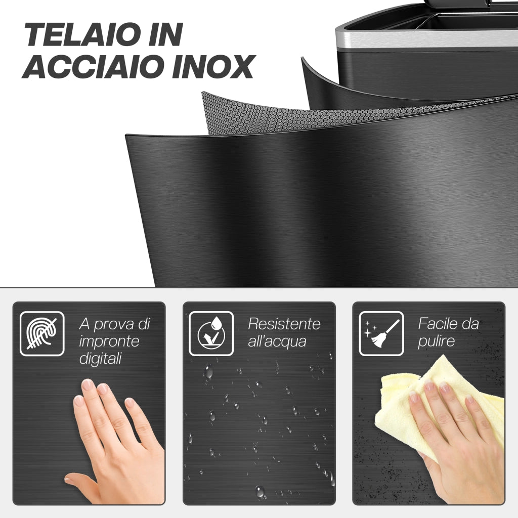 Bidone Immondizia a 2 Sezioni da 20L con Coperchio Silenzioso. in Acciaio Inox e PP. 40x34.8x59 cm. Nero