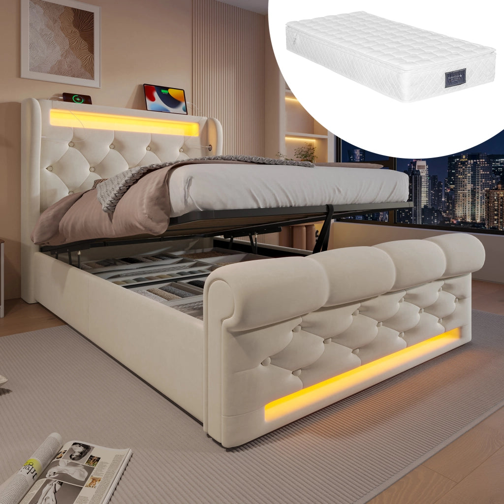 Letto singolo contenitore 90 × 200 cm in velluto beige con materasso LED USB e Type-C