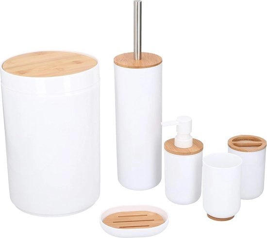 Supporto per carta igienica con dettagli in bambù - Design elegante - Set da 6 pezzi - Bianco
