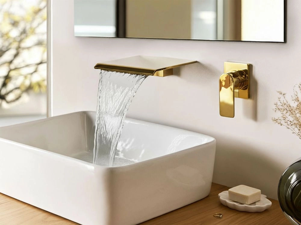 Rubinetto a cascata per lavabo a parete in ottone oro monocomando