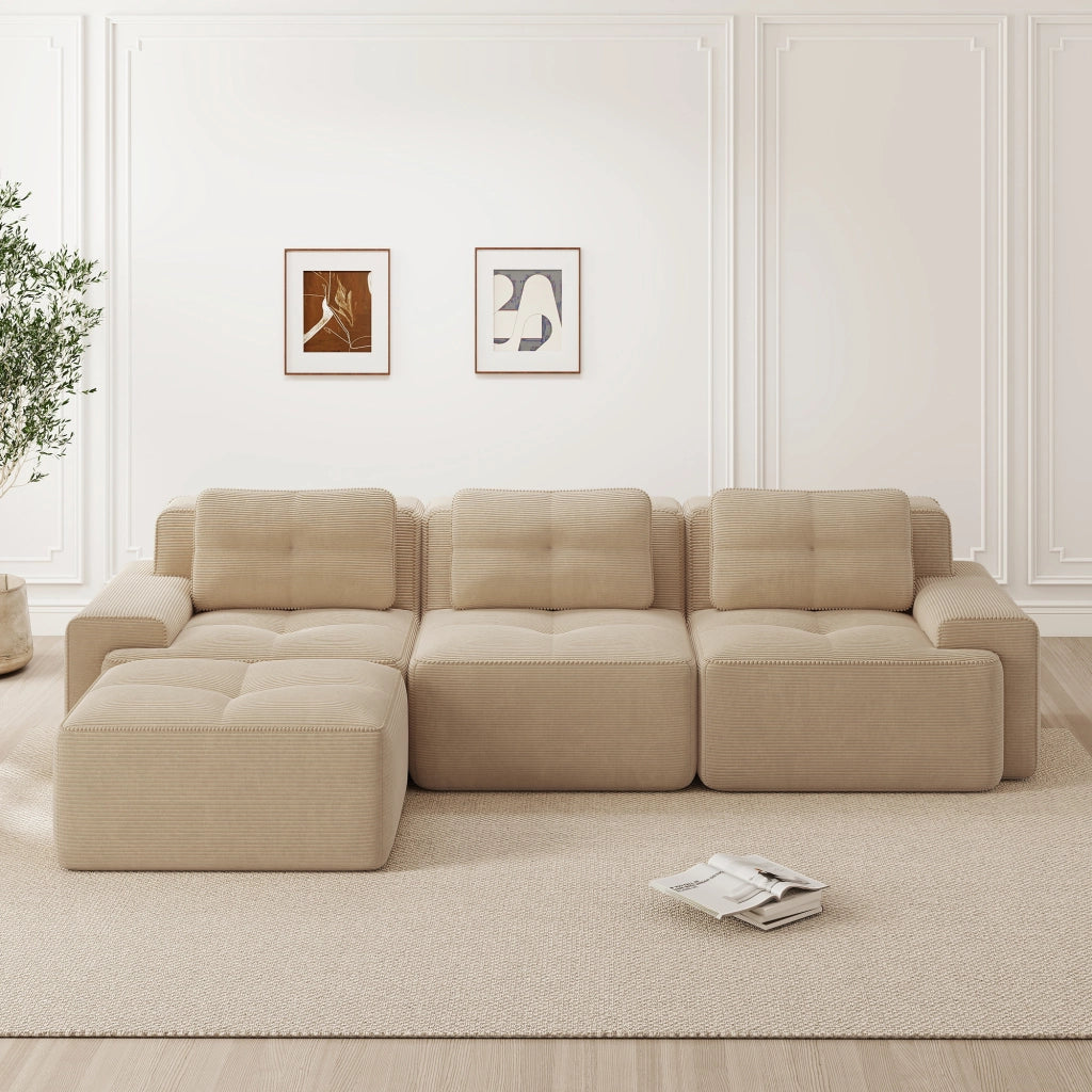 Divano modulare L - Zephmum - 3 posti, velluto, beige, senza montaggio