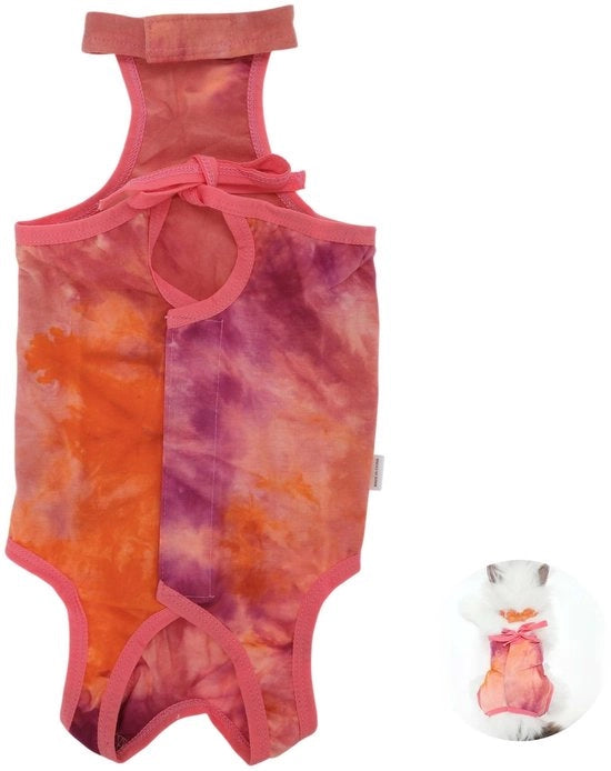 Kit di recupero gatto - Abbigliamento post operatorio - Anti-scrocio - Chiusura con elastici - Tessuto adesivo - Disegno Tie-Dye - Tuta da gatto adesiva