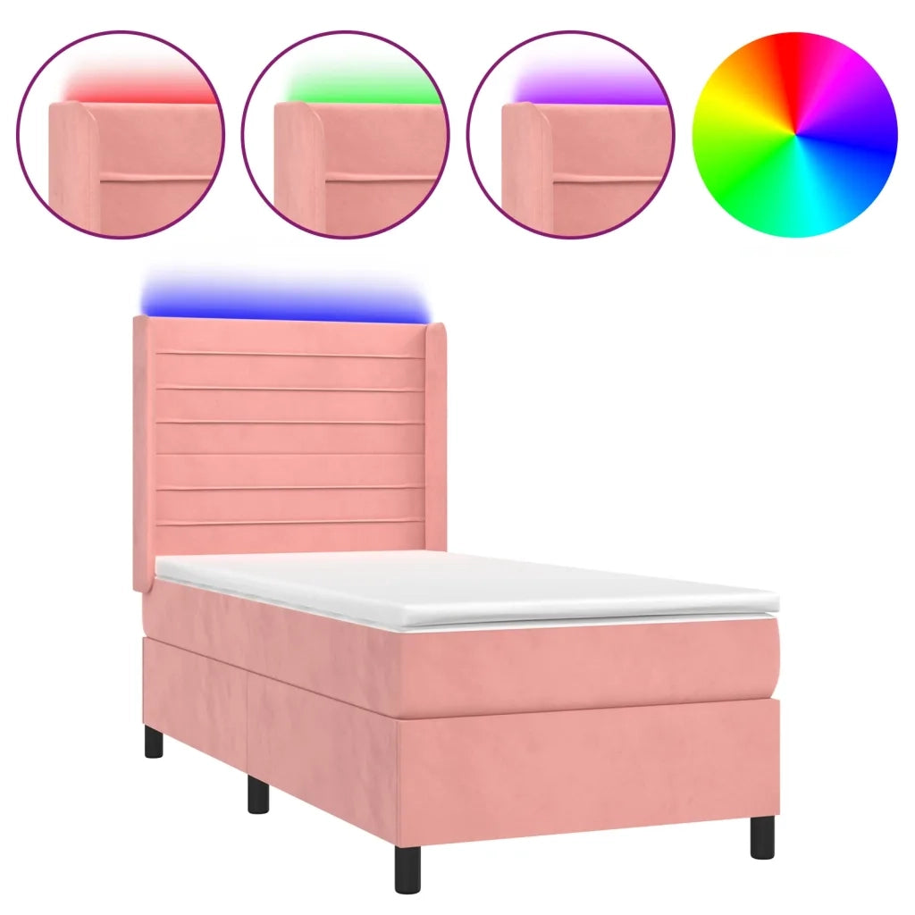 Letto a Molle con Materasso e LED Rosa 90x190 cm in Velluto 3139600