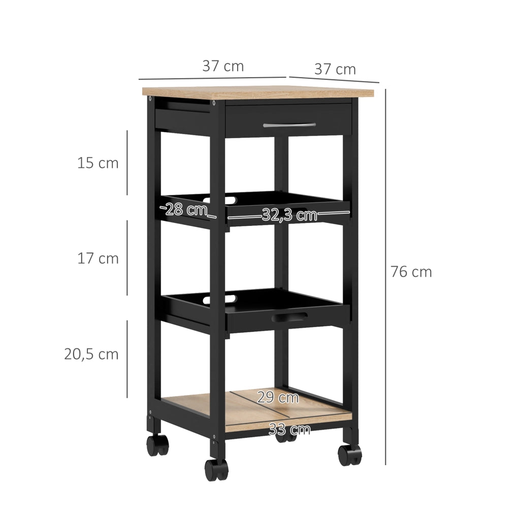 Carrello di servizio per cucina ¨C Minimal ¨C 2 ripiani amovibili, cassetto, scaffale, legno quercia chiaro e nero