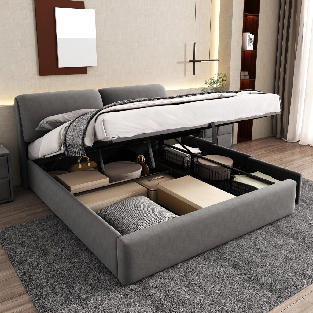 LETTO Contenitore idraulico 180x200 cm in velluto grigio con 3 cassetti