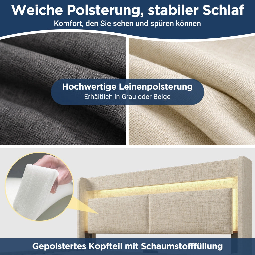 Letto imbottito 140x200 idraulico LED USB/Type-C lino beige
