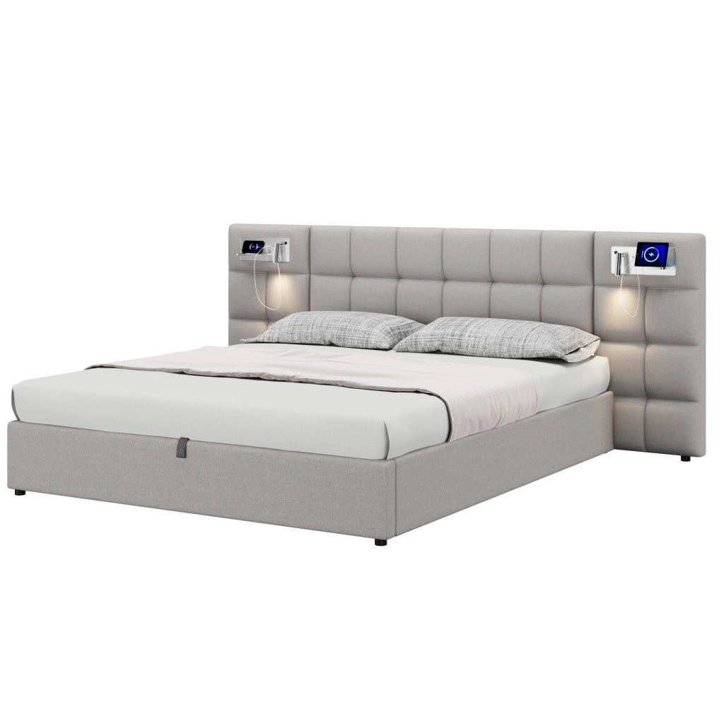 Letto imbottito 180x200 cm - Zephmum - USB, ricarica wireless, luce, contenitore
