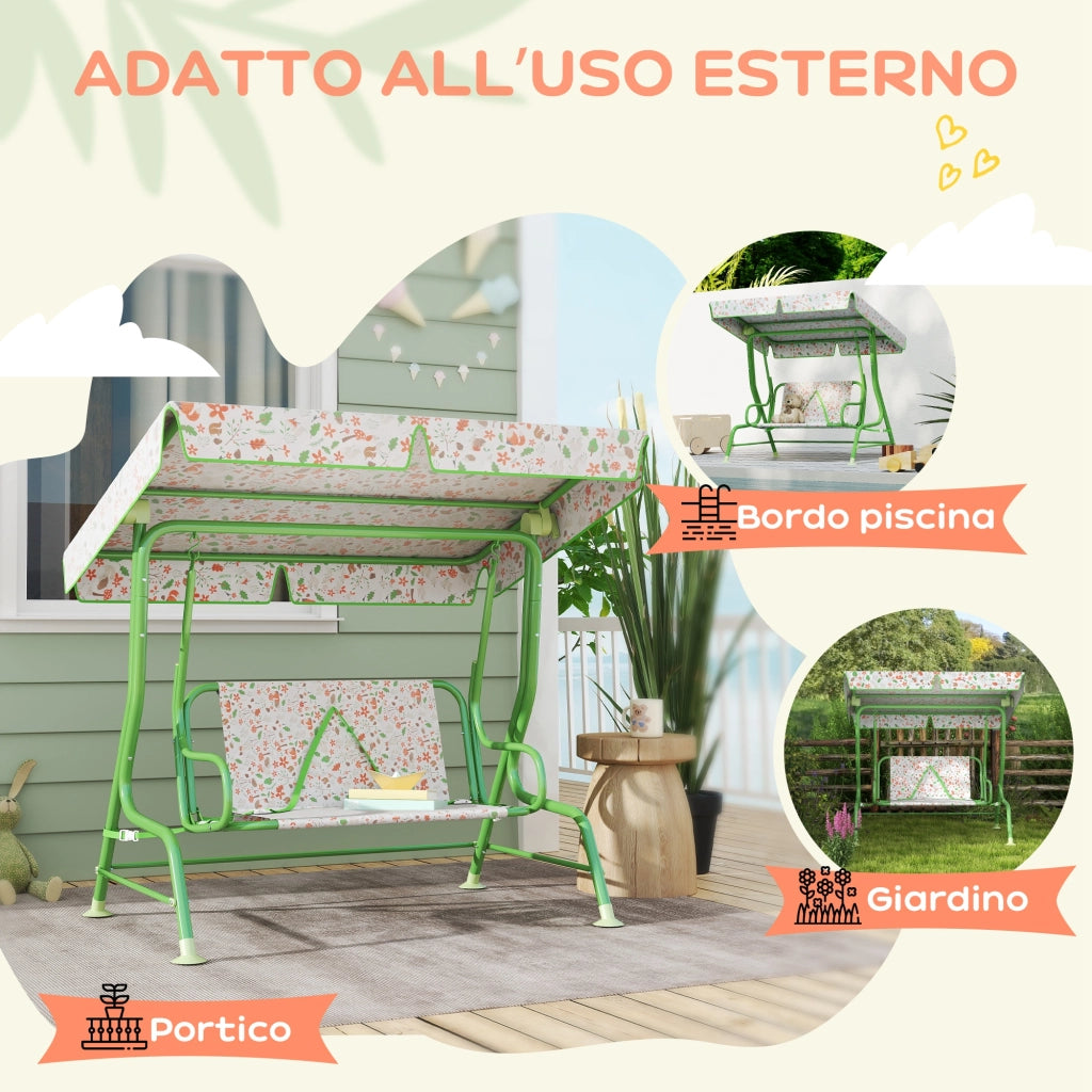 Dondolo per Bambini a 2 Posti con Tettuccio ¨C Xylo ¨C Verde, 112x75x120 cm