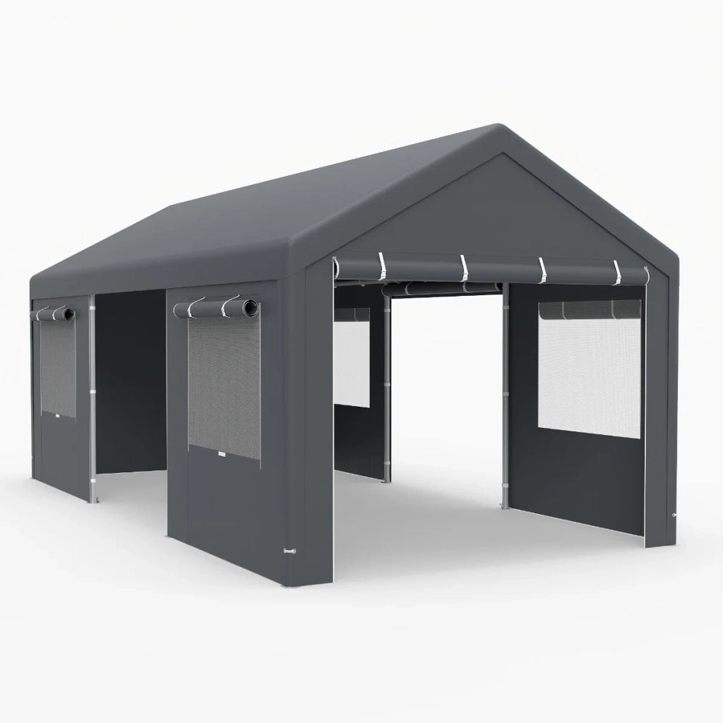 Carport 586 x 307,5 ​​x 280 cm con pareti rimovibili e finestre ventilate design moderno in metallo grigio 20_0018828
