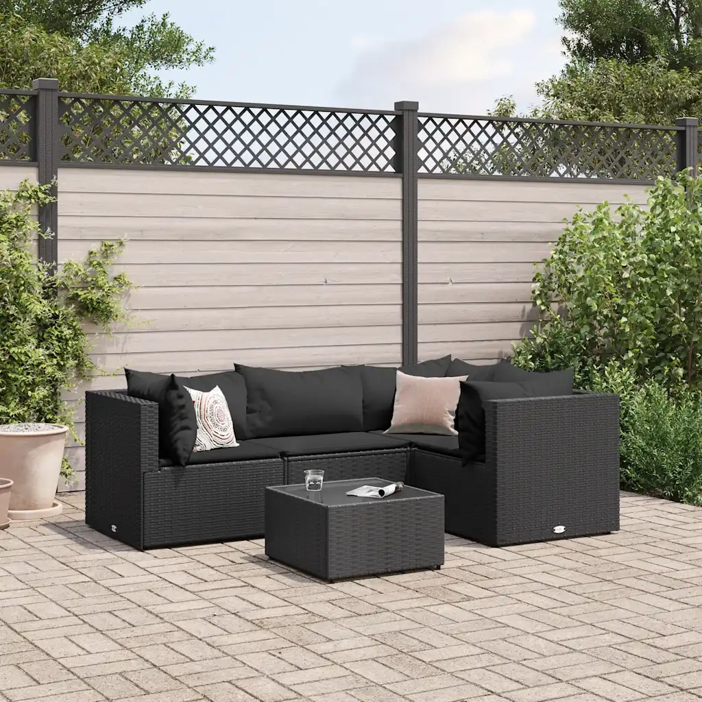Set Divani da Giardino 5 pz con Cuscini Nero in Polyrattan 3308083