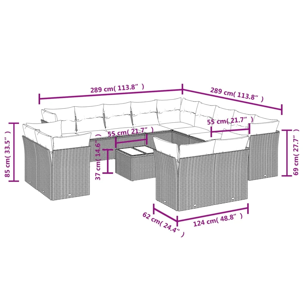Set Divani da Giardino 14pz con Cuscini in Polyrattan Nero