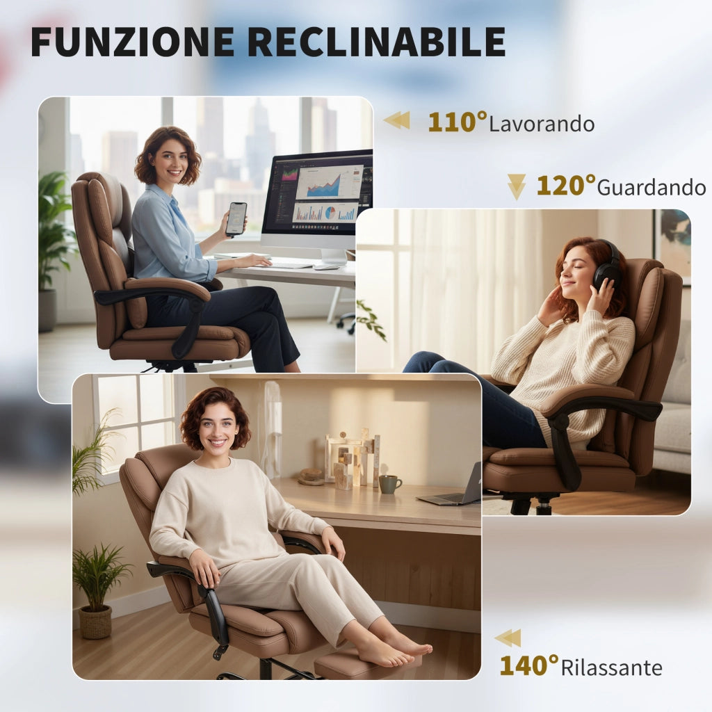Sedia da Ufficio Reclinabile in Similpelle con Poggiapiedi e Rotelle ¨C Minimal ¨C Marrone 65x67x111-119 cm