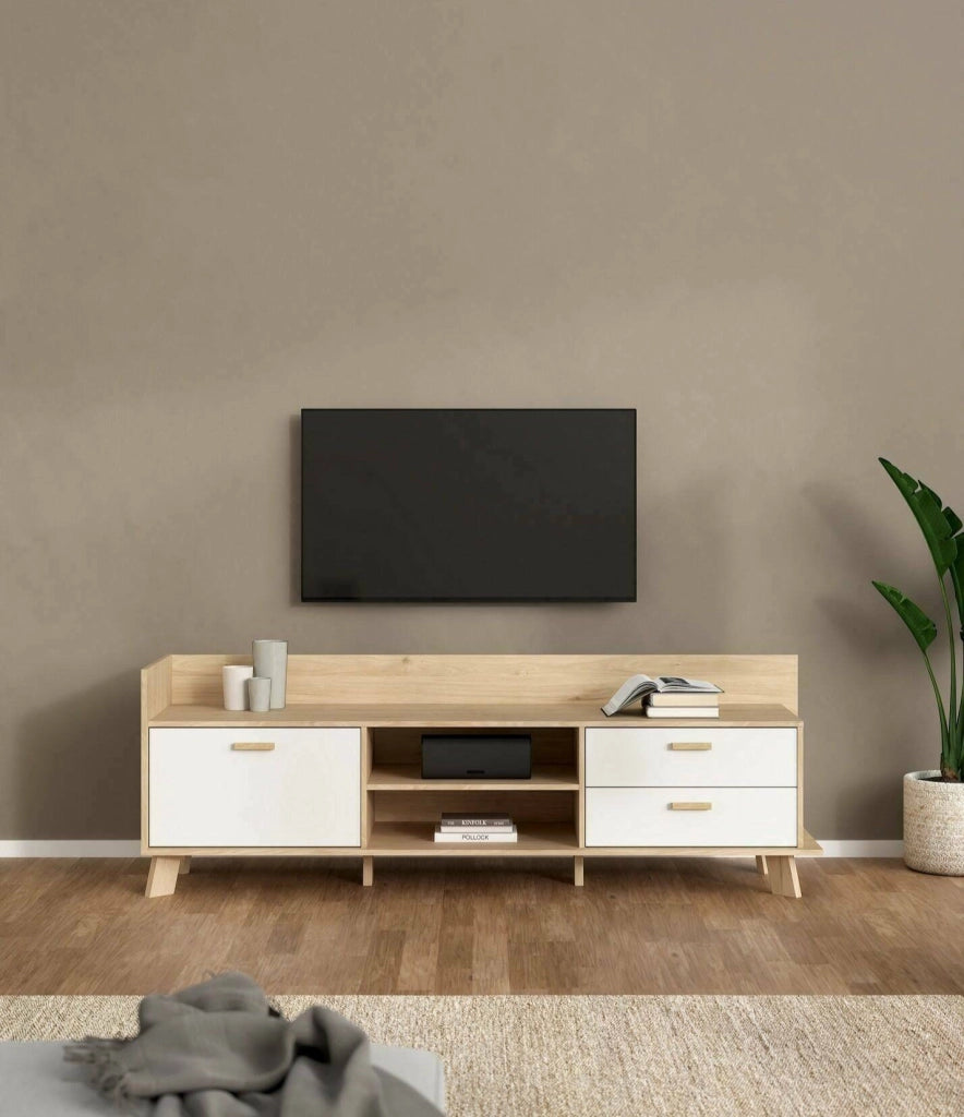 Mobile porta TV Agathis, Credenza da soggiorno, Armadio basso per TV, Base parete attrezzata, 182x51 h62 cm, Rovere e Bianco