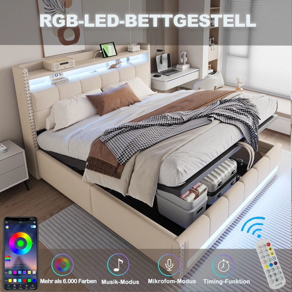 LETTO Imbottito 180x200 cm Beige con LED, USB e contenitore